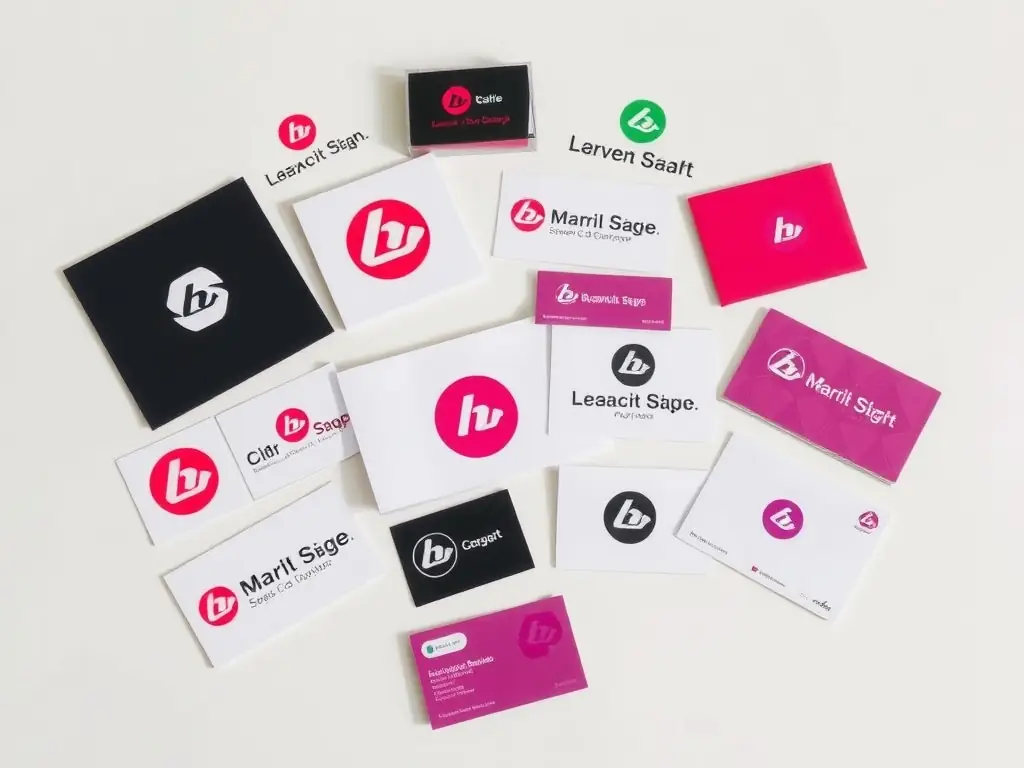 A collection of diverse logo designs and branding materials displayed on a clean background, representing RevGen Corp's logo and brand identity design service.