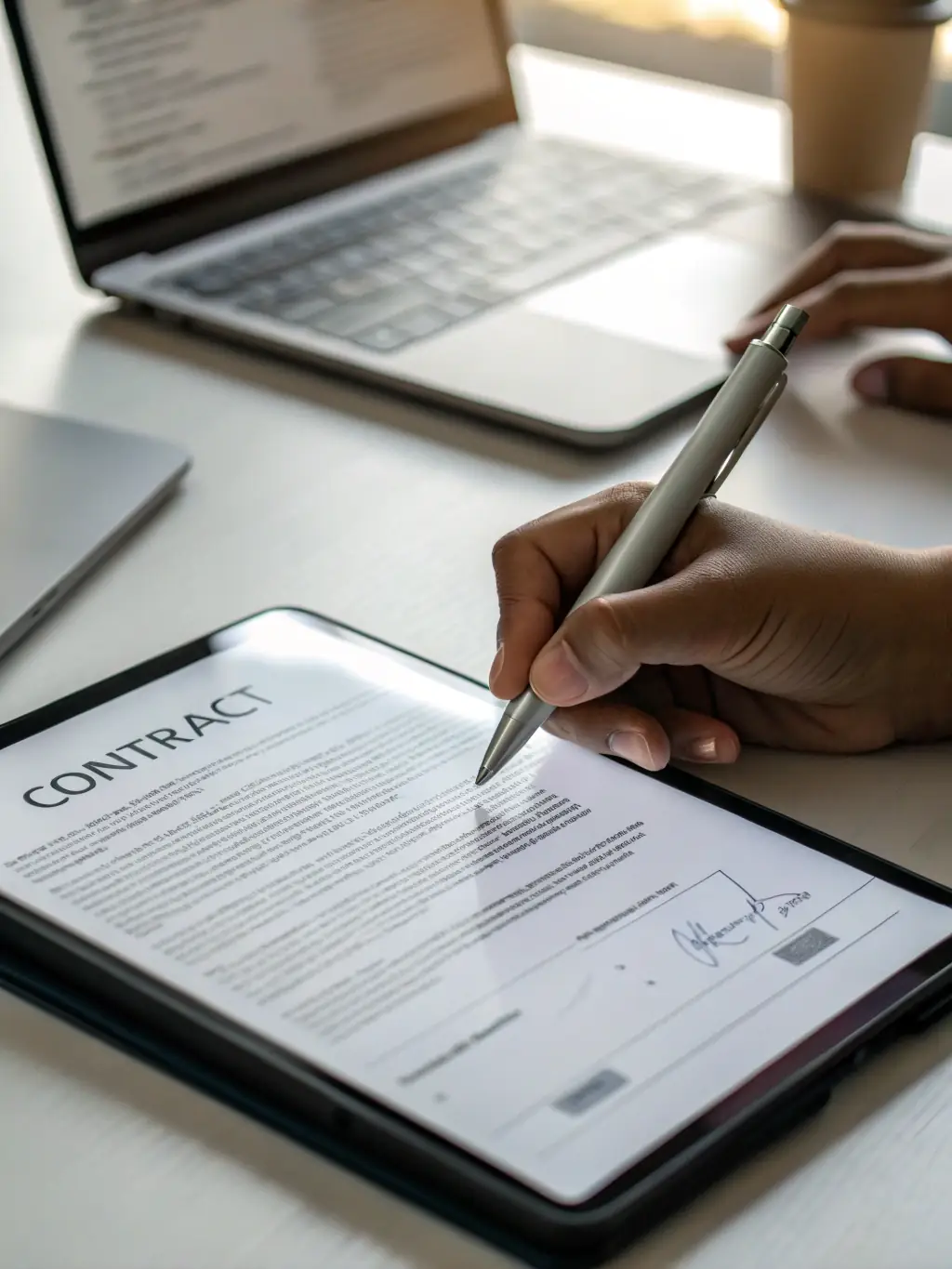 A hand signing a contract with a digital pen, representing the agreement and commitment in project-based marketing services.